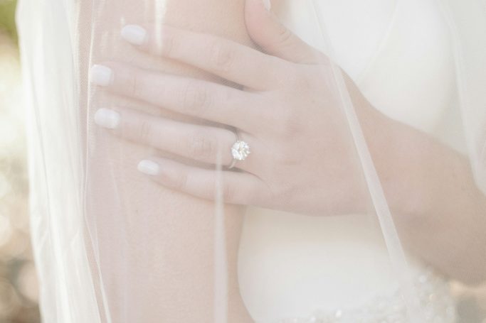 Nahaufnahme einer Hand mit einem Ring, umgeben von einem durchsichtigen Schleier.